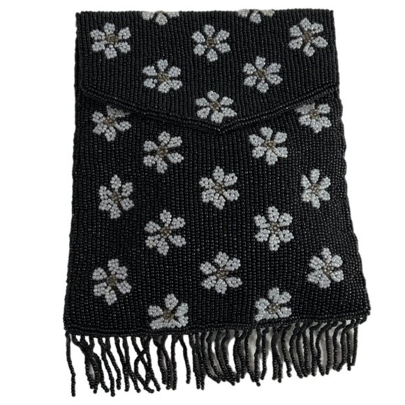 Handcrafted Women's Black Beaded Flowers Pattern Handbag Clutch Sz S - Picture 1 of 8